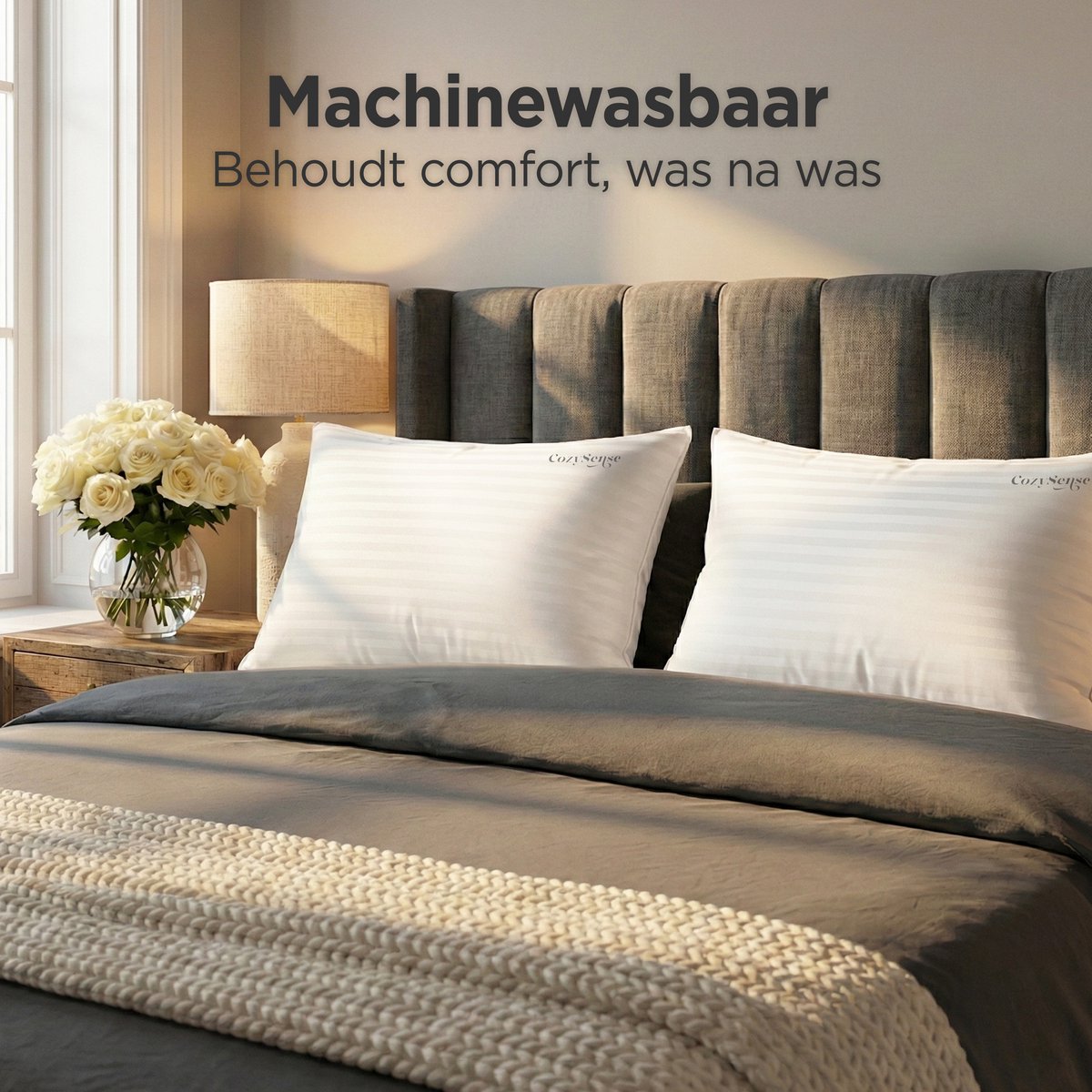 CozySense Hoofdkussen Set van 2 – 50x70 cm – Wit – Katoenen Tijk – Zachte Microvezelvulling