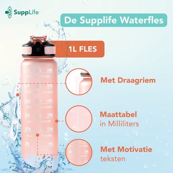 Supplife Bidon - 1 Liter - met Rietje - Motivatie - Sportbidon - BPA Vrij - Rose Goud