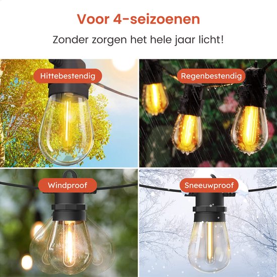 Partizzle 15m Waterdicht Lichtsnoer op Zonne Energie - Dimbaar - LED Solar Tuinverlichting - Camping Lampjes Slinger - Zonneenergie Lichtslinger voor Buiten - 2700K / Warm Wit