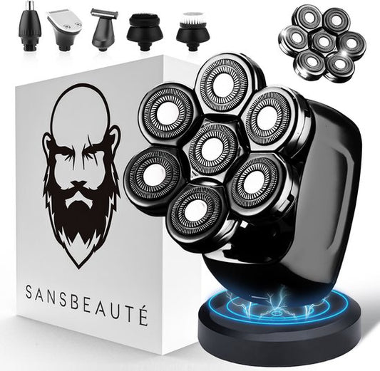 6-in-1 Scheerapparaat Mannen + Extra Scheerkop – Trimmer - Tondeuse - Sansbeauté® Skull Sharp PRO - Nat & Droog - Face en Head Shaver – Hoofd Kaal Scheren - Draadloos Opladen - Opzetstukken