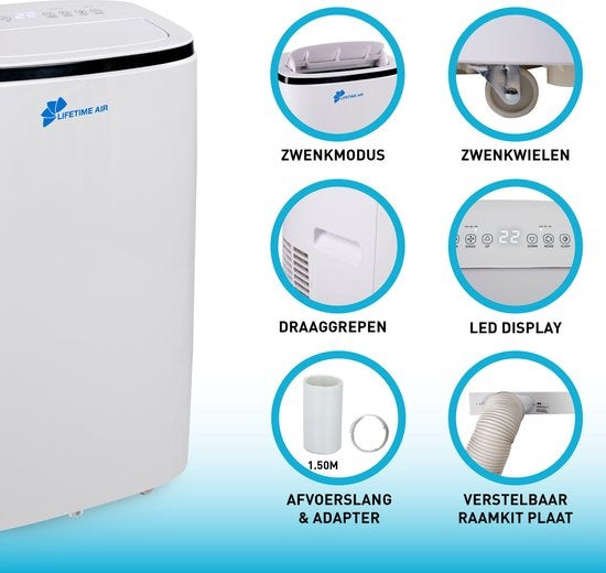 Lifetime Airco - 3 in 1 - Met Afvoerslang - 65dB - tot 96m2 - Afstandsbediening - Wit - 47x 38.2x75.2 cm