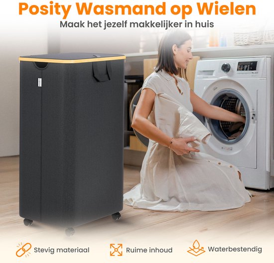 Posity Wasmand op Wielen – 100 Liter – Opvouwbaar – Wasmand Stof - Laundry Basket - Met Deksel & Handvaten - Bamboe - Incl. Waszak - Zwart