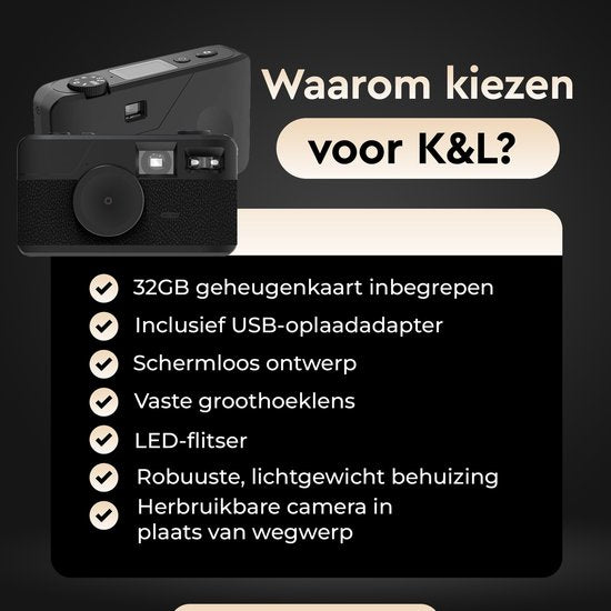 K&L Digitale Camera - Schermvrij - Oplaadbaar - 16.000 Foto's - Fotocamera - Vintage - Inclusief 32GB - Duurzaam - Zwart