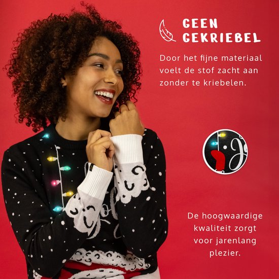 JAP Christmas Kersttrui met lichtjes (maat XL) - 100% Gerecycled - Kriebelt niet - Kerstcadeau volwassenen - Foute Kersttrui dames en heren - Holly Jolly - Zwart