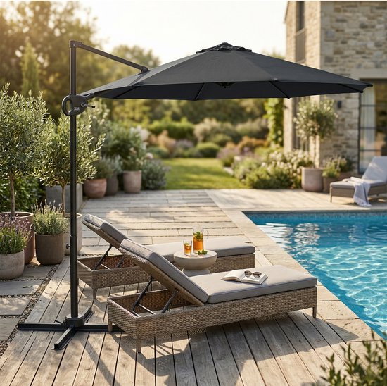 AXI Solea Zweefparasol Ø 300cm Antraciet/grijs incl. Hoes – Gepoedercoat frame met kruisvoet – 360° Draaibaar – UV werend doek