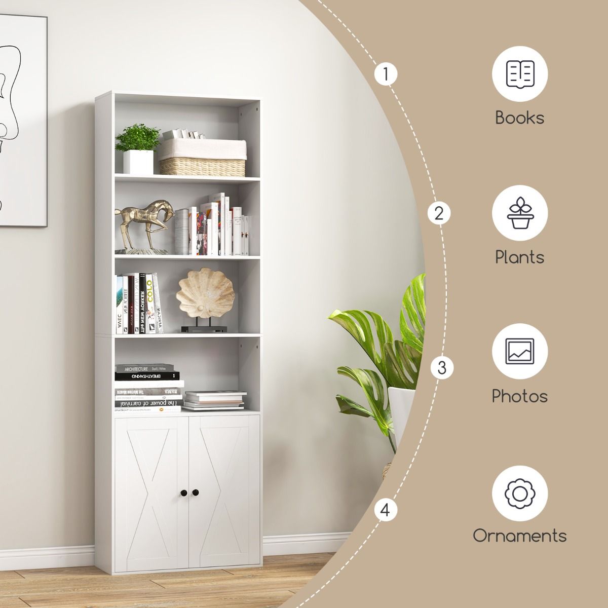 Coast Vrijstaande Boekenkast - 6 Planken - 2-Deurs - 60 x 24 x 180 cm - Wit