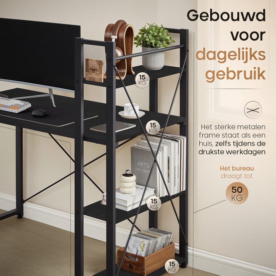 O'DADDY® Bureau met Verstelbare Voeten - Bureautafel - Computertafel - Game Bureau - Gaming Desk Klein - Bureaublad Meubel - 120 x 60 cm - Boekenrek - Computerbureau - Zwart