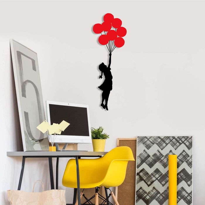 Wallity Wall Banksy - Metalen Wanddecoratie - Meisje Met Ballonnen - Rood/zwart - 34cmx1,5mmx100xcm