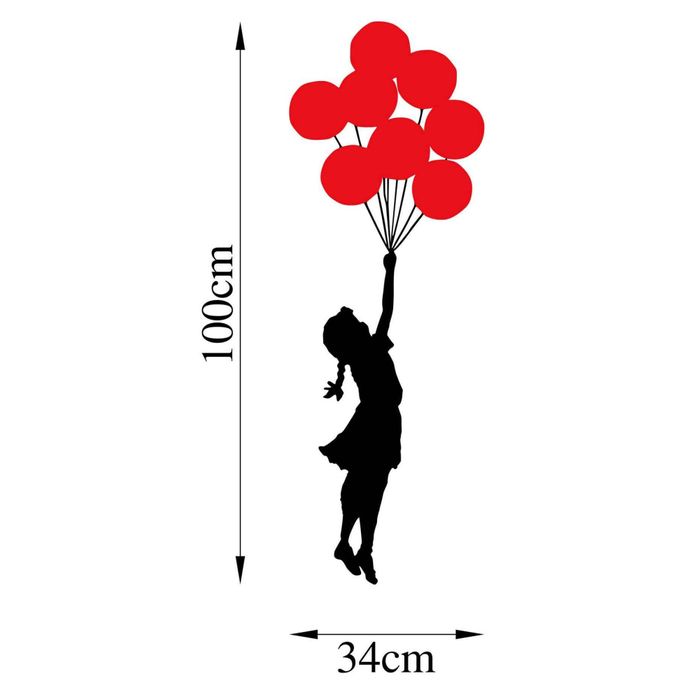 Wallity Wall Banksy - Metalen Wanddecoratie - Meisje Met Ballonnen - Rood/zwart - 34cmx1,5mmx100xcm