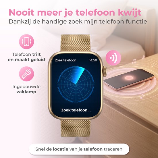 Nuvance Smartwatch Dames - Stappenteller Horloge Dames - Hartslagmeter - Sporthorloge - Geschikt voor iOS/Android - AMOLED - Incl. 5 Bandjes - Goud