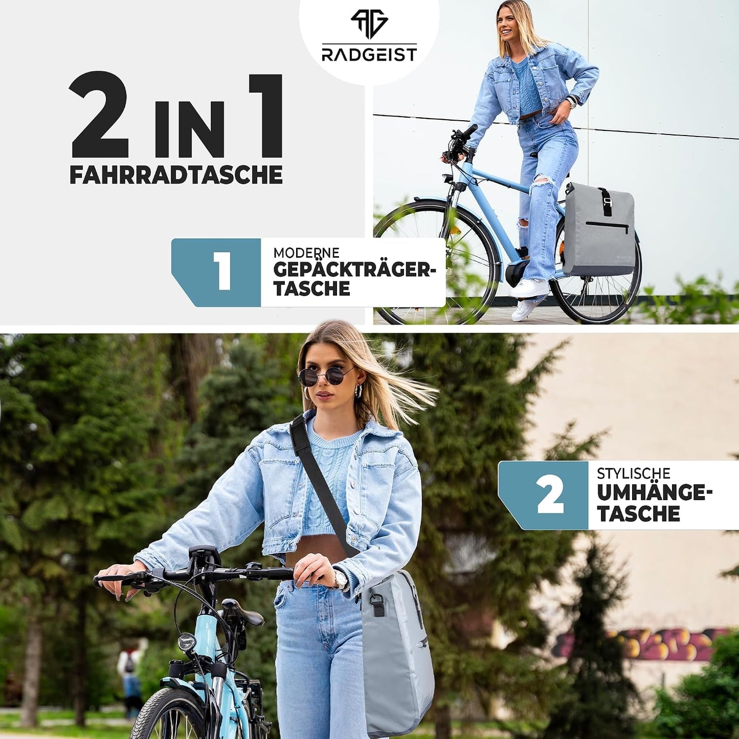 Radgeist Fietstas voor Bagagedrager 2-in-1 - Schoudertas - 100% Waterdicht - 20 Liter - Grijs