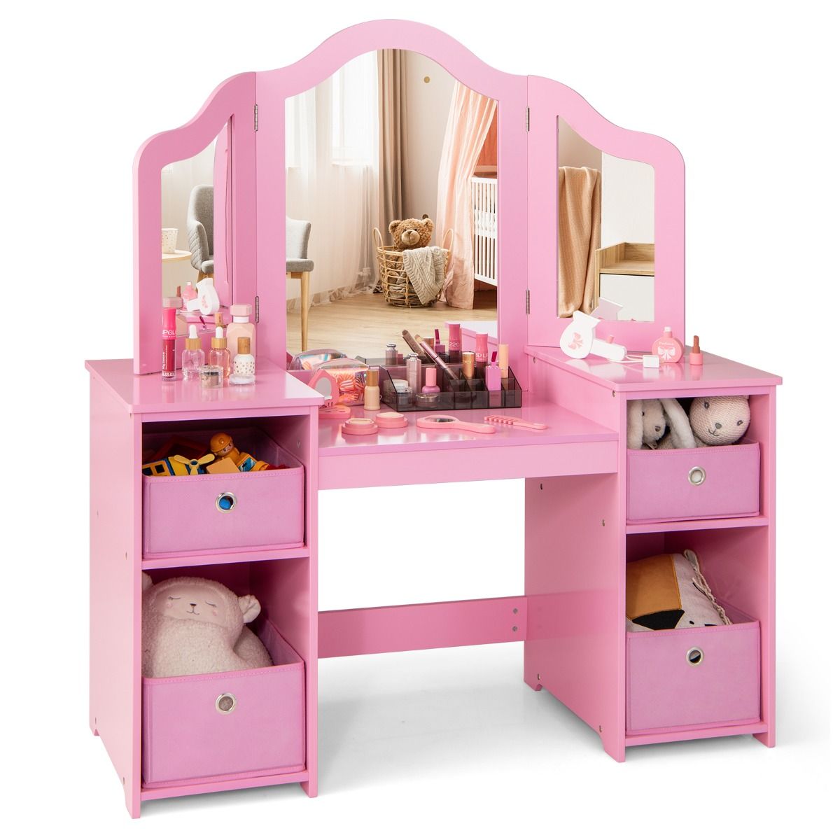 Coast Kinderkaptafel en Schrijftafel - Afneembare Driewegspiegel - Met Opbergbakken - Roze