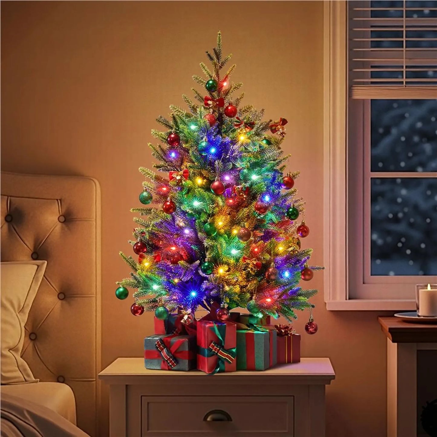 Yaheetech Kunstkerstboom Inclusief 50 Gekleurde Led-verlichting – Voorzien Van 143 Takpunten En 8 Lichtmodi En Cementen Basis – Voor Vensterbank En Tafel – Groen Pvc En Beton – 58 x 58 x 91,5 cm