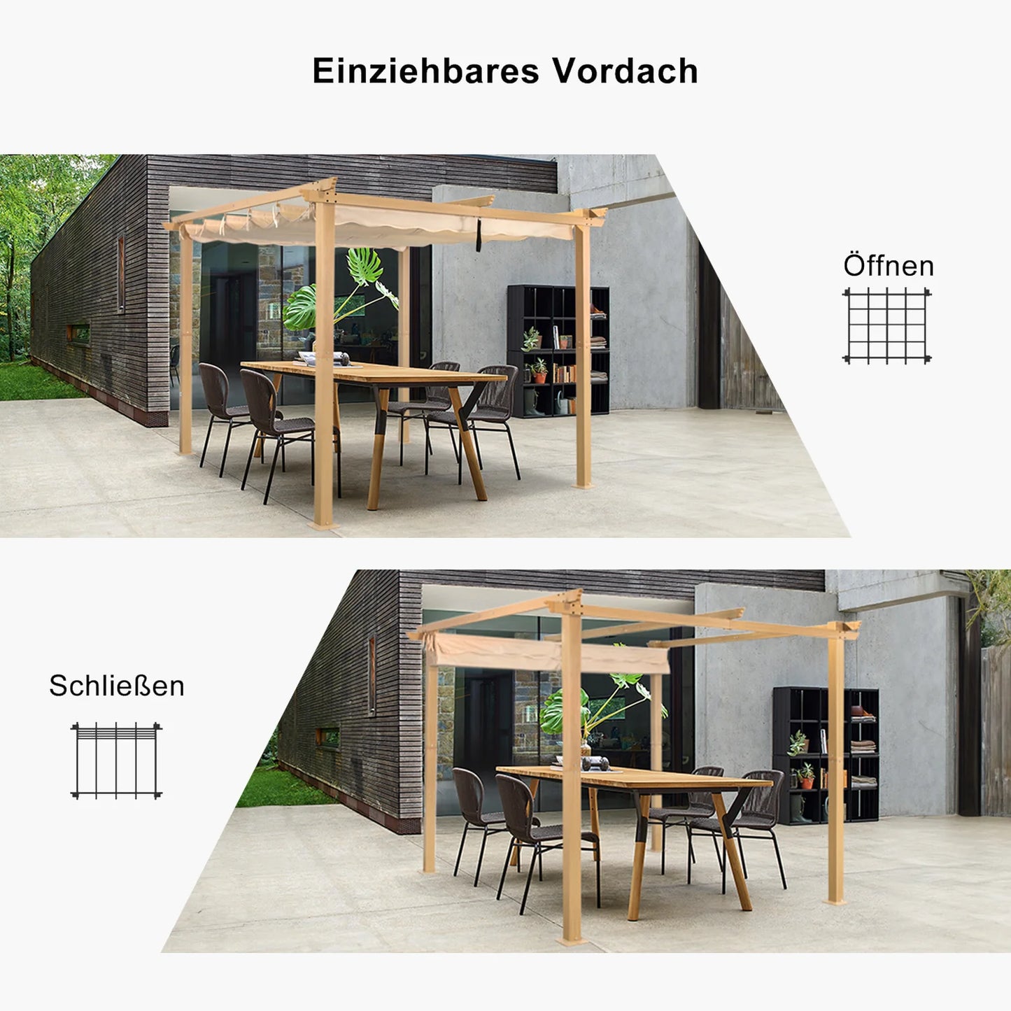 Angel Living Aluminium Pergola 3×3 m Crèmegeel – Uittrekbaar Dak UV50+, Stalen Dakbuizen, Poedercoating