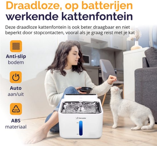 Viervoeter Draadloze Drinkfontein RVS - Sensor Waterfontein voor Kat en Hond - Inclusief filter - 3,2L - 30d batterijduur - Fluisterstil - Wit