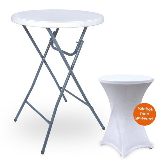 Goliving Statafel – Inclusief Statafelhoes – Statafelrok – Inklapbaar – Stevige partytafel – Voor binnen en buiten – Draagvermogen 50kg – Ø80 x 110 cm – 8,5 kg – Wit
