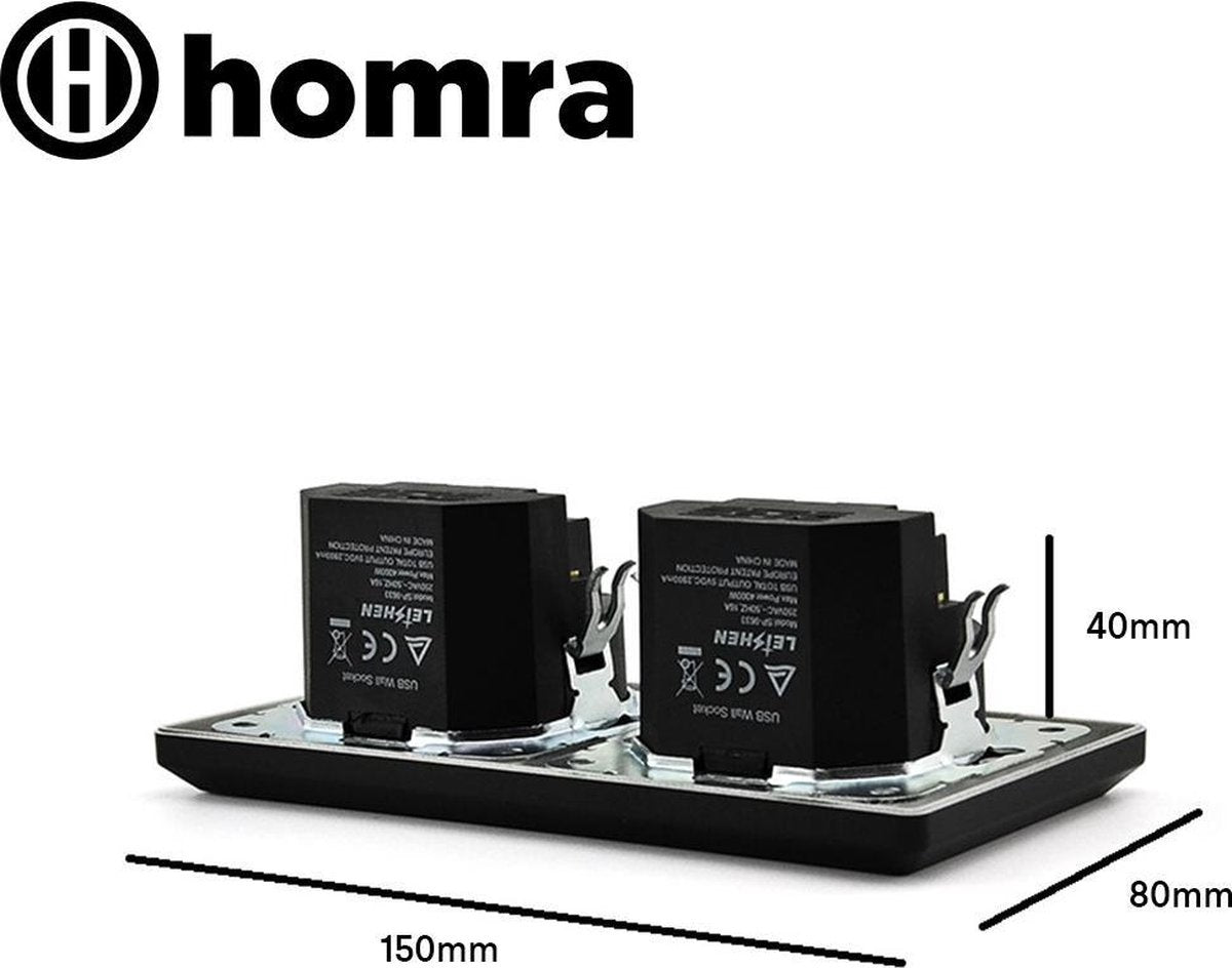 Homra Brock Dubbel USB Stopcontact Zwart - Inbouw Wandcontactdoos - Glanzend Kunststof - Zwarte Wanddoos - Contactdoos - 5.600mA - 220 volt - USB Oplader - Snel Opladen - Fast Charge - Randaarde - 80x80mm