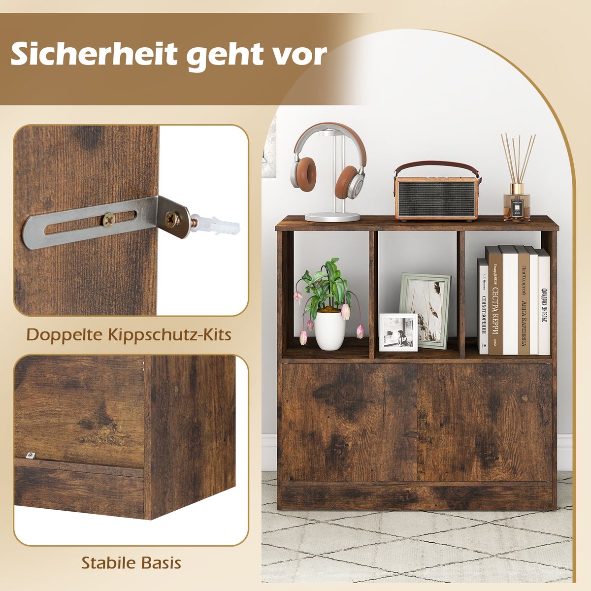 Coast Boekenkast met 3 open vakken en 2 deuren - modern design - bruin - 70 x 30 x 70 cm