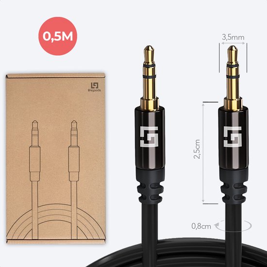LifeGoods AUX Kabel - Audiokabel 0,5M - 3.5 mm - Male to Male - Zwart