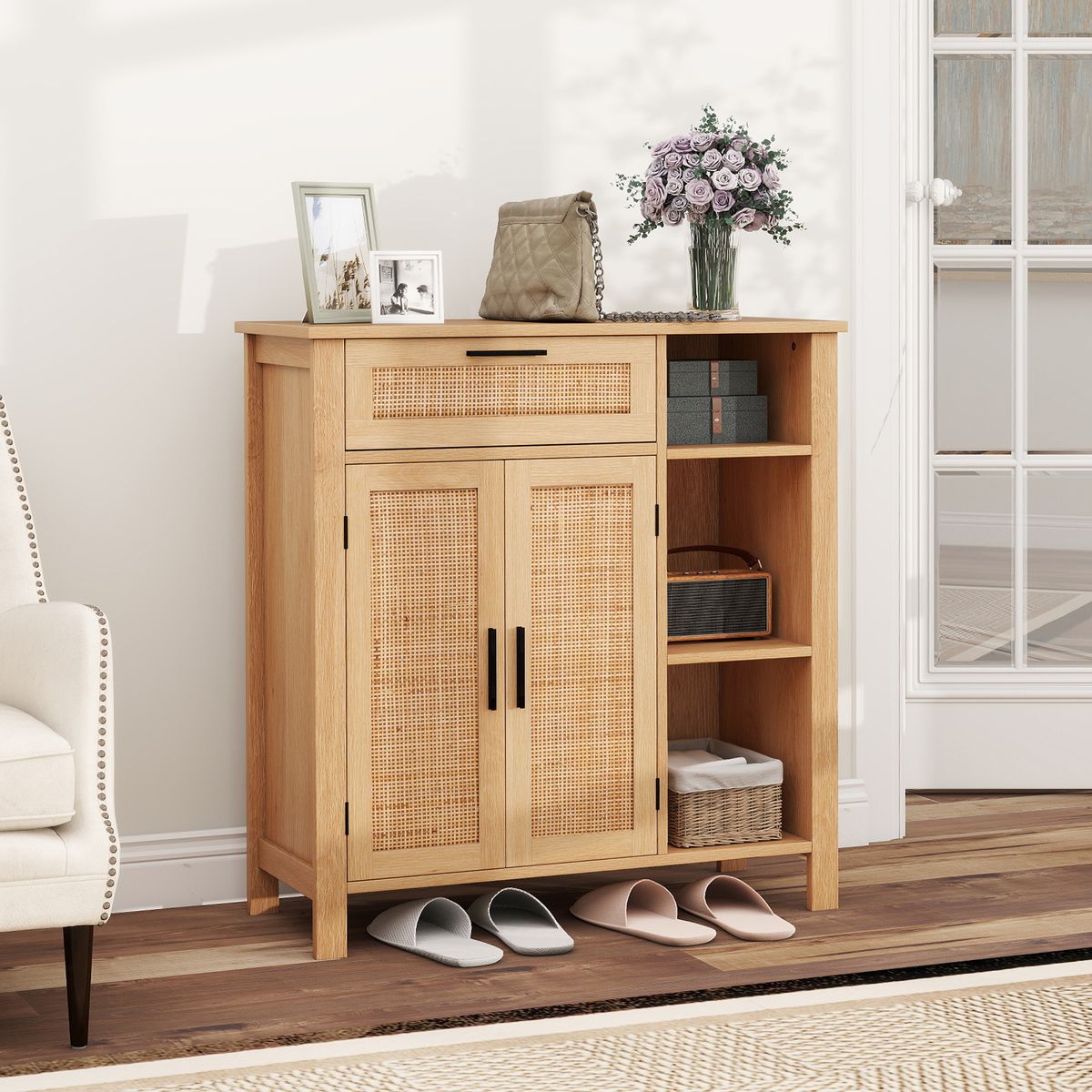 Coast Houten Dressoir - Rotan deuren en lade - Verstelbaar rek - Naturel 75 x 30 x 80 cm