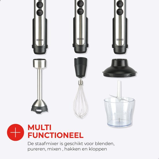 Bourgini Staafmixer - 4-delige Krachtige RVS Staafmixer set -20 snelheden - Garde - Hakmolen 600ml - Maatbeker 800ml - 1500W