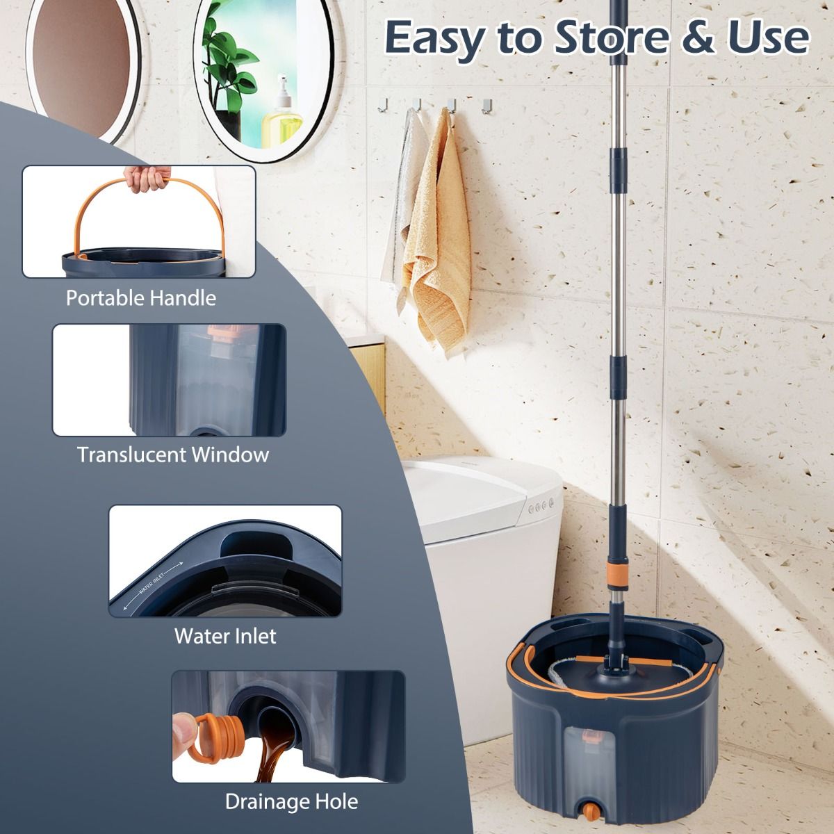 Coast Spinmop en Emmerset - scheidt schoon en vuil water - 360° draaibare mopkop - donkerblauw