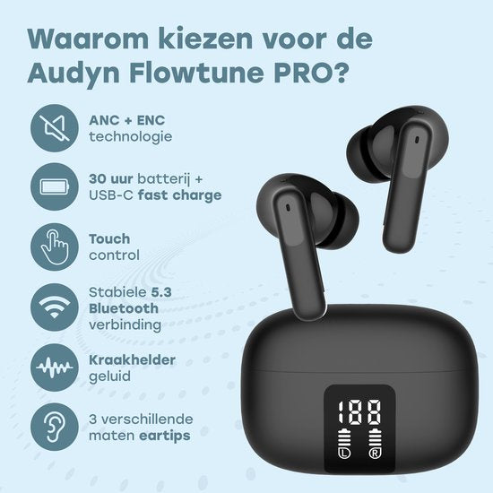 Audyn Oortjes Draadloos - Draadloze Oordopjes - Noise Cancelling ANC+ENC - Bluetooth - In-ear - Zwart - FlowTune Pro