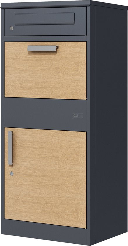 AXI Levi Pakketbrievenbus van Metaal Antraciet/Houtlook – Pakketbox voor meerdere pakketjes – Inclusief slot en apart vak voor post – 50,6 x 38,3 x 112 cm