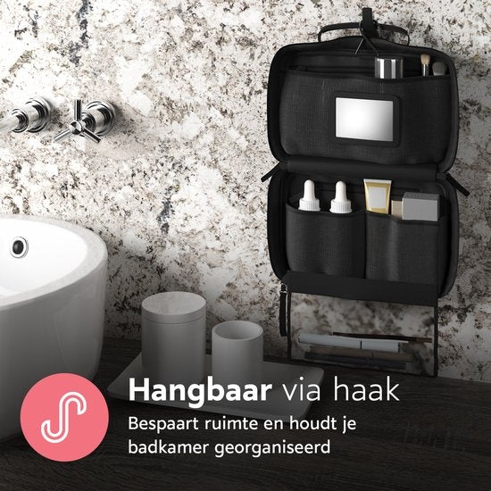 ONYX Toilettas Zwart - Make Up Tasje - Cosmetica Organizer - Slimme Indeling - Beautycase & Make-Up Spiegel - Toiletzak Hangbaar met Haak - Dames en Heren - Maat: M
