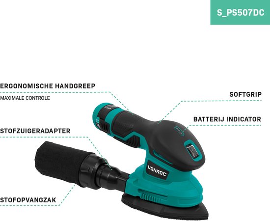 VONROC Accu Schuurmachine 12V - Incl. Accu, usb-c kabel en schuurpapier