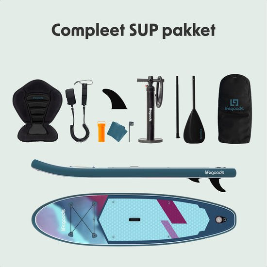 LifeGoods SUP Board Allround Compact - met Zitje - 100 KG Draagkracht - 300 x 76 cm - Opblaasbaar - Compleet SUP pakket - Blauw/Paars