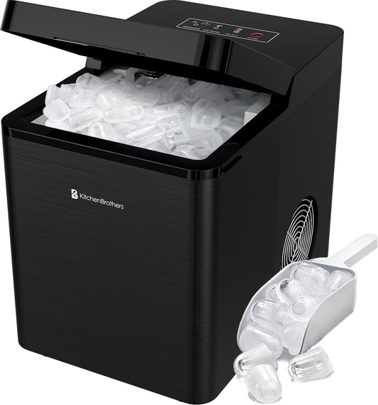 KitchenBrothers IJsblokjesmachine 2.1 Liter Zwart – Voorzien Van Innovatieve Zelfreinigingsfunctie En Openklapbare Gehele Bovenkant En Bediening Met Knoppen – Voor Tuinfeesten En Cocktails – Zwart Kunststof – 2.1L