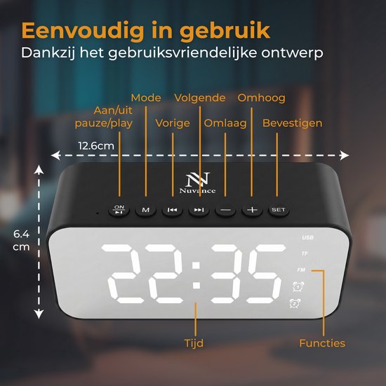 Nuvance Wekkerradio - Digitale Wekker Slaapkamer - Radiowekker - 2 Alarmen - Dimfunctie - Wekkers Digitaal - Klokradio met Wekker