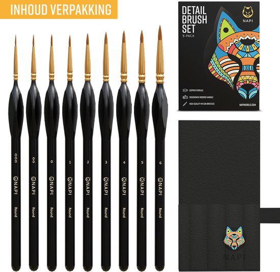 NAPI Penselen Set voor Precisie - 9 Fijne Kwasten in Etui - Miniatuur Schilderen, Modelbouw, Gouache, Warhammer. Geschikt voor Acrylverf, Aquarel, Olieverf, Waterverf, Schmink - Ergonomische Grip - Detail Kwastenset in Houder