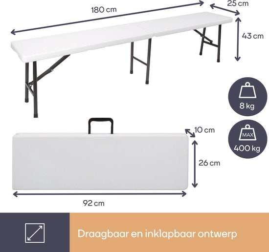 Perel Klapbank 4-zits - Inklapbaar en weerbestendig - Met handvat - Ideaal voor picknick, camping, barbecue en binnen/buiten gebruik - Maximaal 400 kg - Wit
