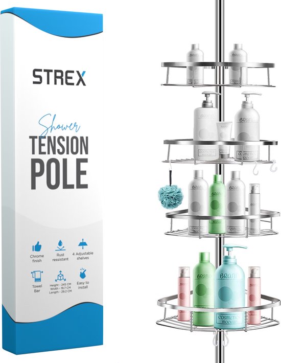 Strex Telescopisch Doucherek RVS - Verstelbaar 70-275 cm - 4 Mandjes - Robuuste Kwaliteit - Bevestigen zonder Boren of Schroeven - Telescopisch Douche Rek Hoek