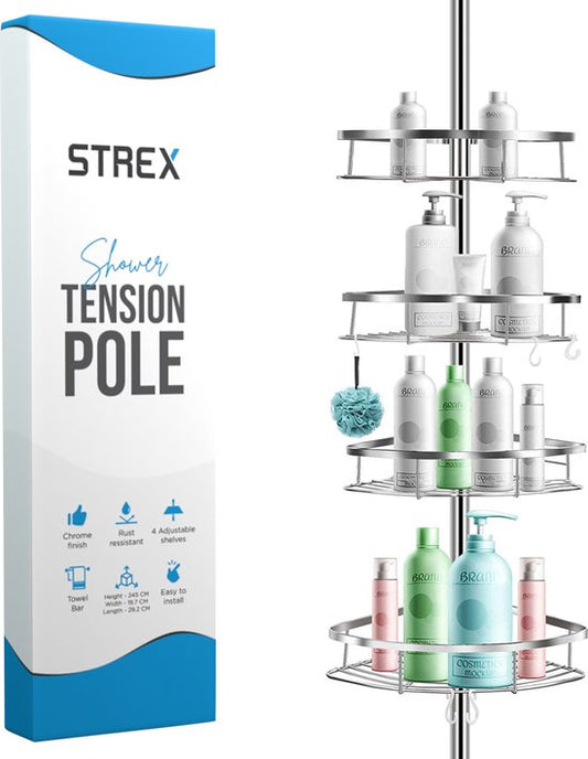 Strex Telescopisch Doucherek RVS - Verstelbaar 70-275 cm - 4 Mandjes - Robuuste Kwaliteit - Bevestigen zonder Boren of Schroeven - Telescopisch Douche Rek Hoek