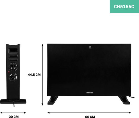 VONROC Elektrische kachel - Convectorkachel met ingebouwde radiator ventilator - 2 standen: 1250W/2000W - Regelbare thermostaat -  Verwarmt ruimtes tot 24m2 – Modern design - Zwart