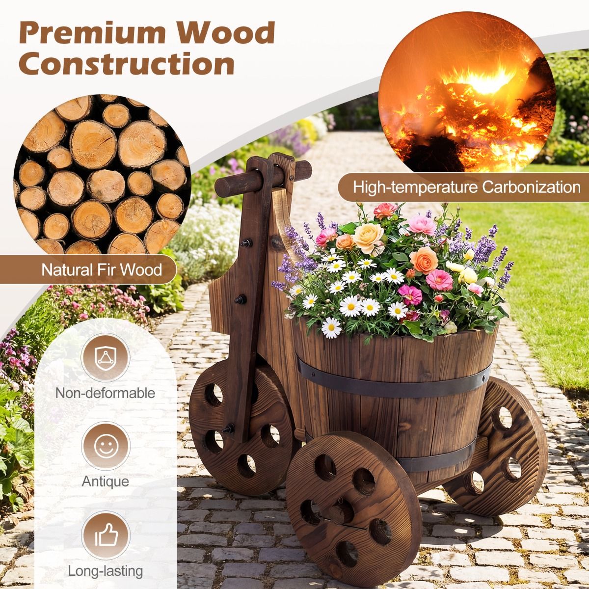 Coast Houten driewielige plantenbak - tonvormig - met afwateringsgat - bruin 47 x 32 x 43,5 cm