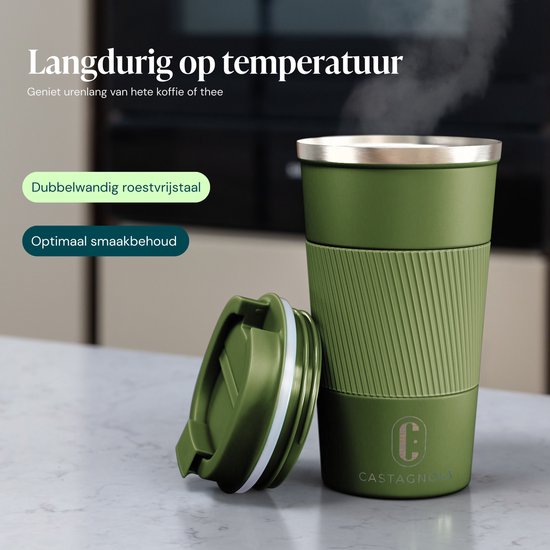 Castagnola Thermosbeker - Koffiebeker To Go - Travel Mug voor Koffie en Thee - Theebeker - 510 ML - RVS - Groen