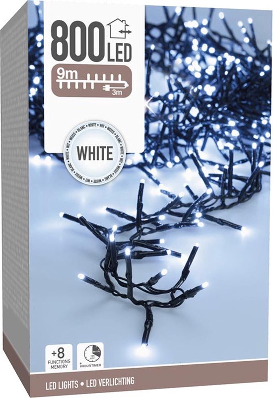 Maxi Cluster Kerstverlichting - 800 led - 12m - (ijs) wit - Timer - Lichtfuncties -Buiten-Binnen-Geheugen