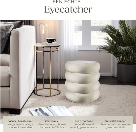 tectake® Kruk met opbergruimte - Scandi kruk fluweelstof - Ronde gestoffeerde poef voor kaptafel, slaapkamer, woonkamer of als halmeubel - Opbergkruk - creme