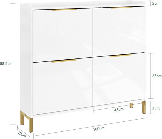 SoBuy FSR206-GW Schoenenkast Ingang – Ultradun 19 cm – Hoogglans Wit en Goud – Voor Hal, Gang, Kleine Ruimte, Met Kantelbeveiliging en Vloerbescherming – 100x19x88.5 cm