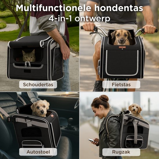TrevoPet® Hondenfietsmand Voorop - 4-in-1 Fietsmand Hond, Draagtas, Rugzak & Autostoel - Geschikt voor Alle Fietsen - Voor Honden tot 8 kg - Zwart