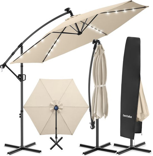 tectake® Zweefparasol met Voet - 3 x 3 m - Tuinparasol met LED-Verlichting op Zonne-Energie - Draaibaar - Waterafstotend Polyester met UV-Bescherming - Inclusief Hoes - Beige