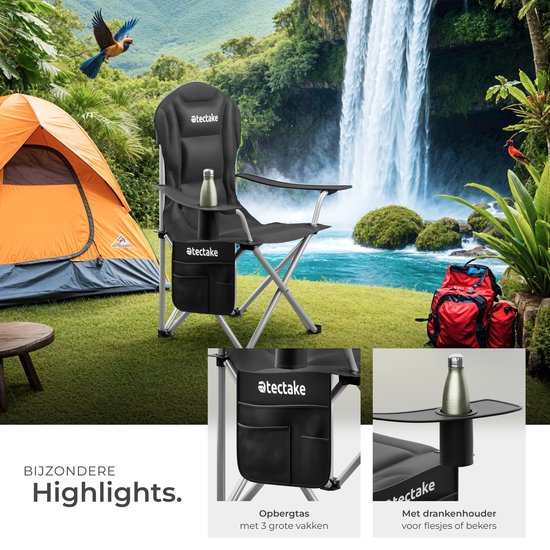 tectake® Campingstoel - Kampeerstoel - Opvouwbare stoel - Inclusief bekerhouder, opbergvak en draagtas - Luxe outdoorstoel - Glampingstoel