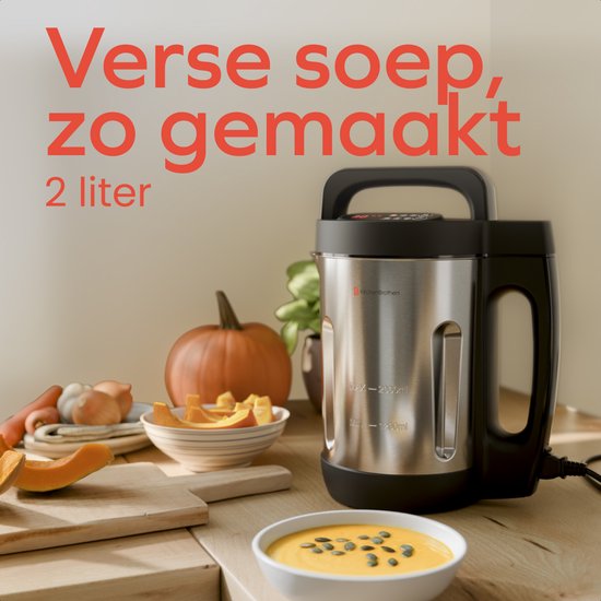 KitchenBrothers Soepmaker - 2L - 5 Programma's - PFAS & BPA-vrij - Timer Display - Blender - RVS/Zwart