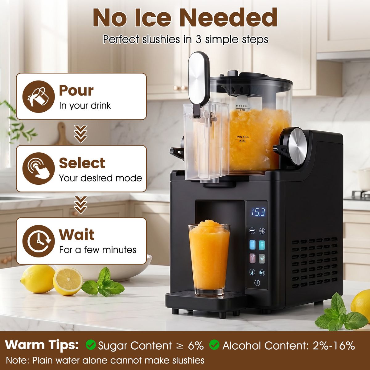 Coast Slushmachine - 1,5 liter - LED-touchbediening - Zelfreinigingsfunctie - Zwart