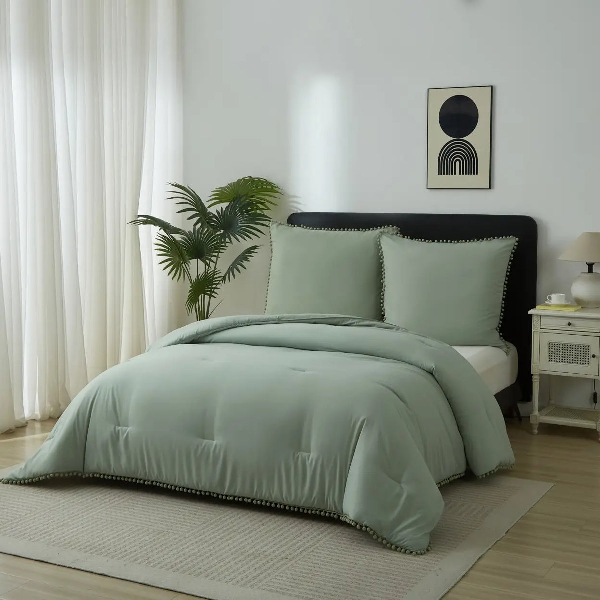 Meeallhome Dekbedovertrek Set met Pom-Pom Franjes - 200x220 cm + 2x 80x80 cm - Turquoise