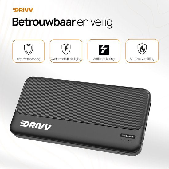 Drivv. Powerbank 10.000 mAh - 22.5W snellader - Fast Charge USB 3.0 - USB C - Geschikt voor Samsung / iPhone / meer - Zwart